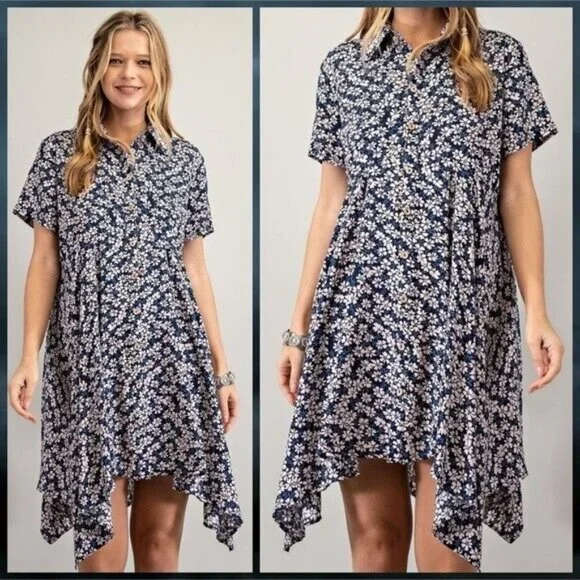 EASEL Lightweight Short Sleeved Collared Button Front Shark Bite Hem Shirt Dress - Picture 7 of 14